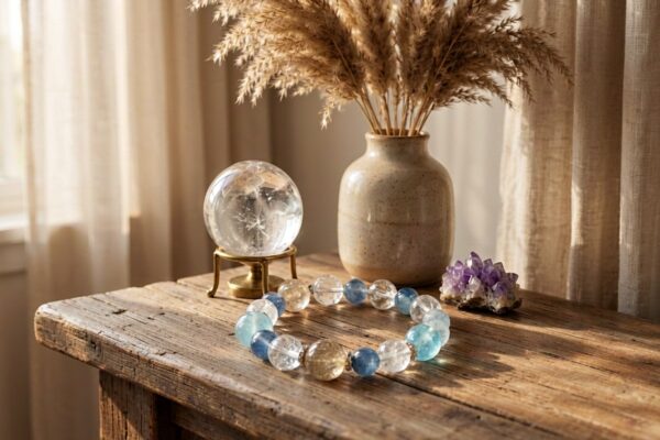 An aquamarine kyanite and golden rutilated quartz crystal bracelet lying on a rustic wooden console table beside a clear quartz sphere on a brass stand an amethyst cluster and a ceramic vase with dried pampas grass in warm afternoon window light