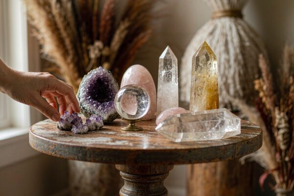 A hand reaching toward a collection of crystals including an amethyst geode, rose quartz, citrine point and clear quartz sphere on a rustic wooden pedestal, illustrating how to choose a crystal that feels right