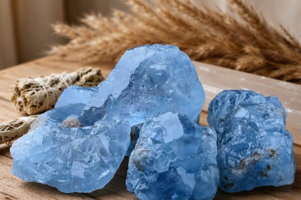 A cluster of rough natural aquamarine crystals resting on a rustic light wooden table beside a white sage bundle and selenite with dried pampas grass blurred in warm window light