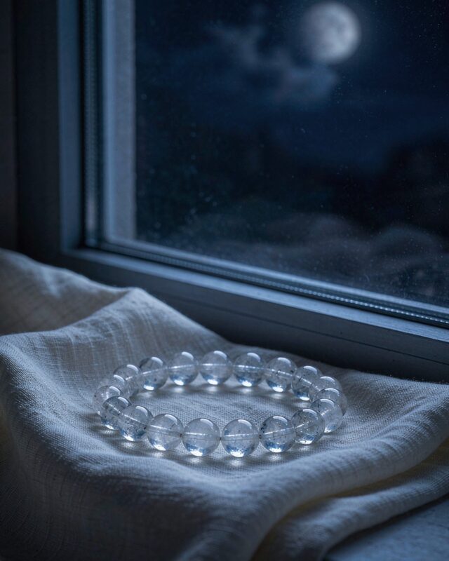A crystal bead bracelet resting on linen by a window under soft moonlight, illustrating how to recharge a crystal bracelet under the full moon