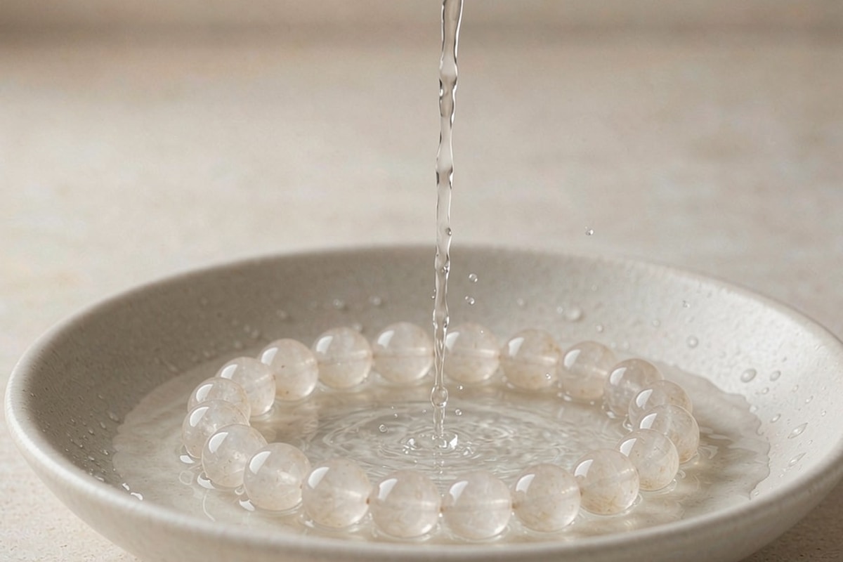 Water being poured over a clear quartz bead bracelet resting in a shallow ceramic dish
