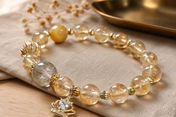 A honey citrine and grey rutilated quartz bead bracelet with gold spacers and a pave crown charm resting on ivory linen beside dried flowers and a brass tray