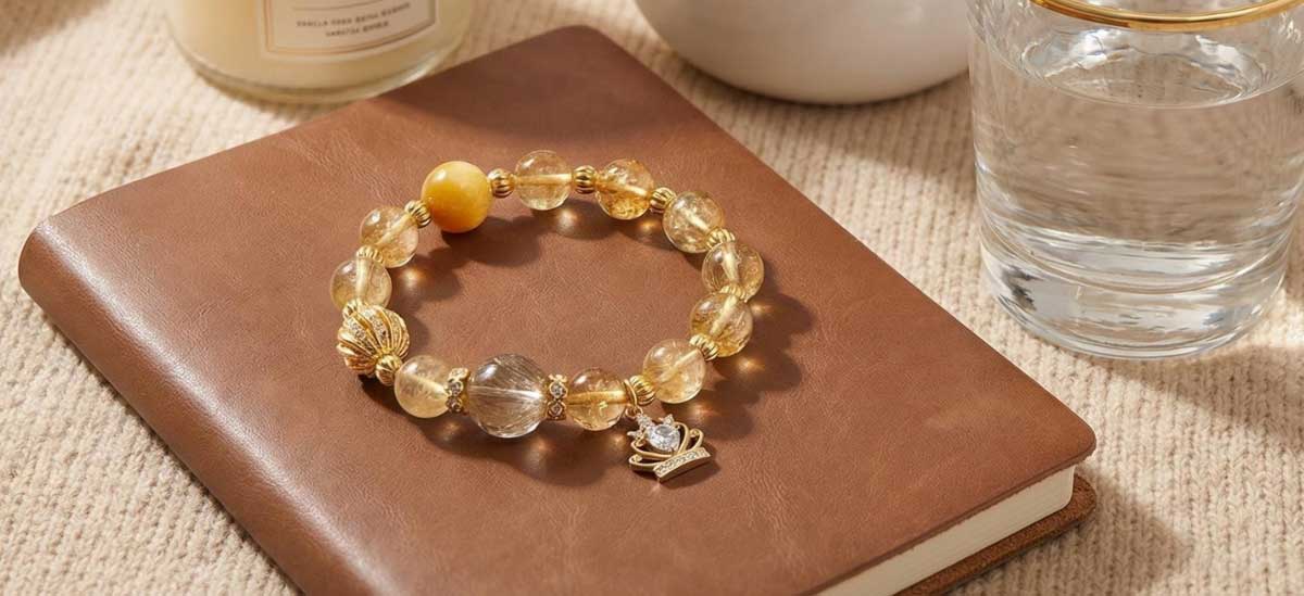 Golden Rutilated Quartz and Citrine crystal bracelet with warm golden tones