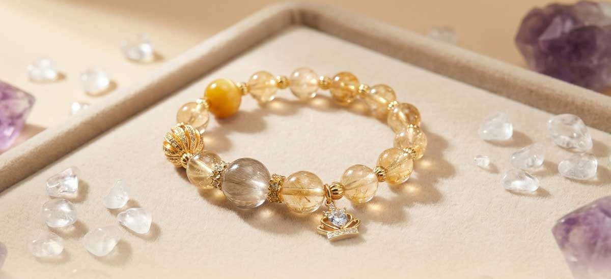 Golden Rutilated Quartz and citrine crystals shown together as a meaningful pairing