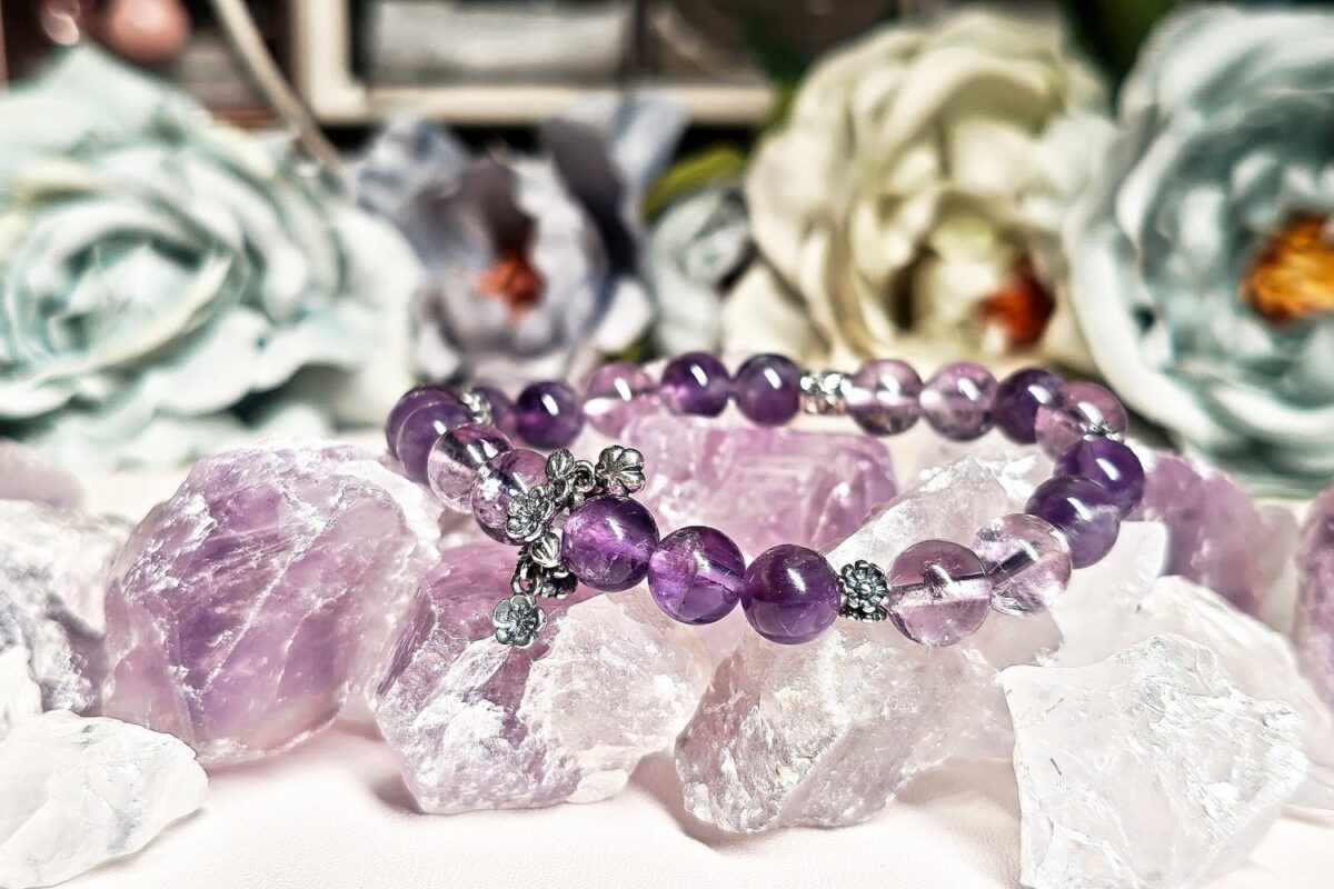 Two-tone amethyst crystal bracelet on amethyst and quartz clusters, deep purple and ice lavender beads
