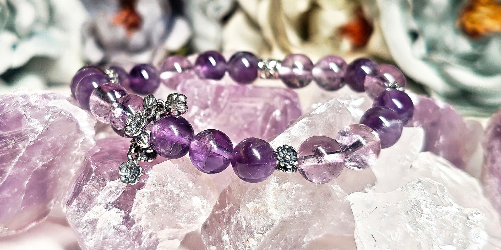 Material detail showing natural amethyst crystal beads
