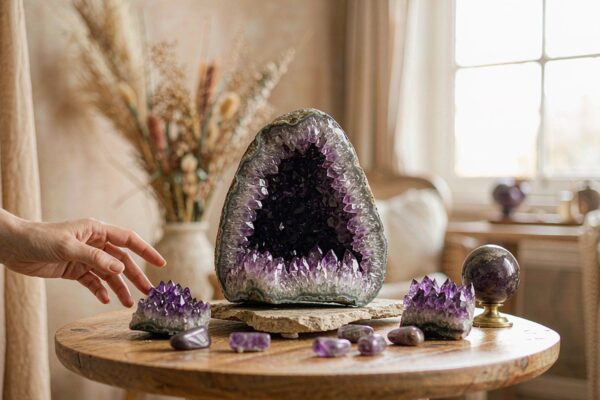 A large raw amethyst geode with deep purple points standing on a rustic wooden pedestal table surrounded by amethyst clusters a polished amethyst sphere on a brass stand and tumbled stones with a hand reaching toward them and pampas grass in soft window light