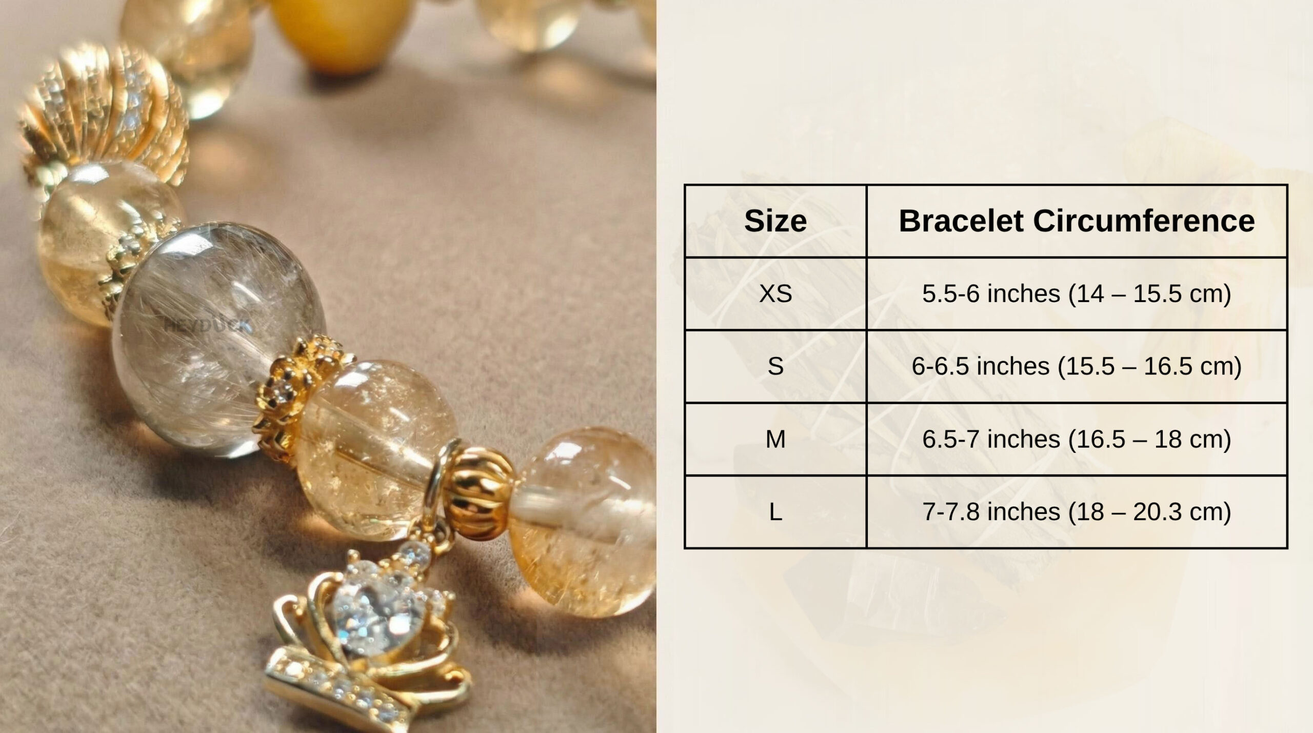 Size guide for golden rutilated quartz and citrine wealth bracelet showing wrist measurement chart and bracelet sizing instructions