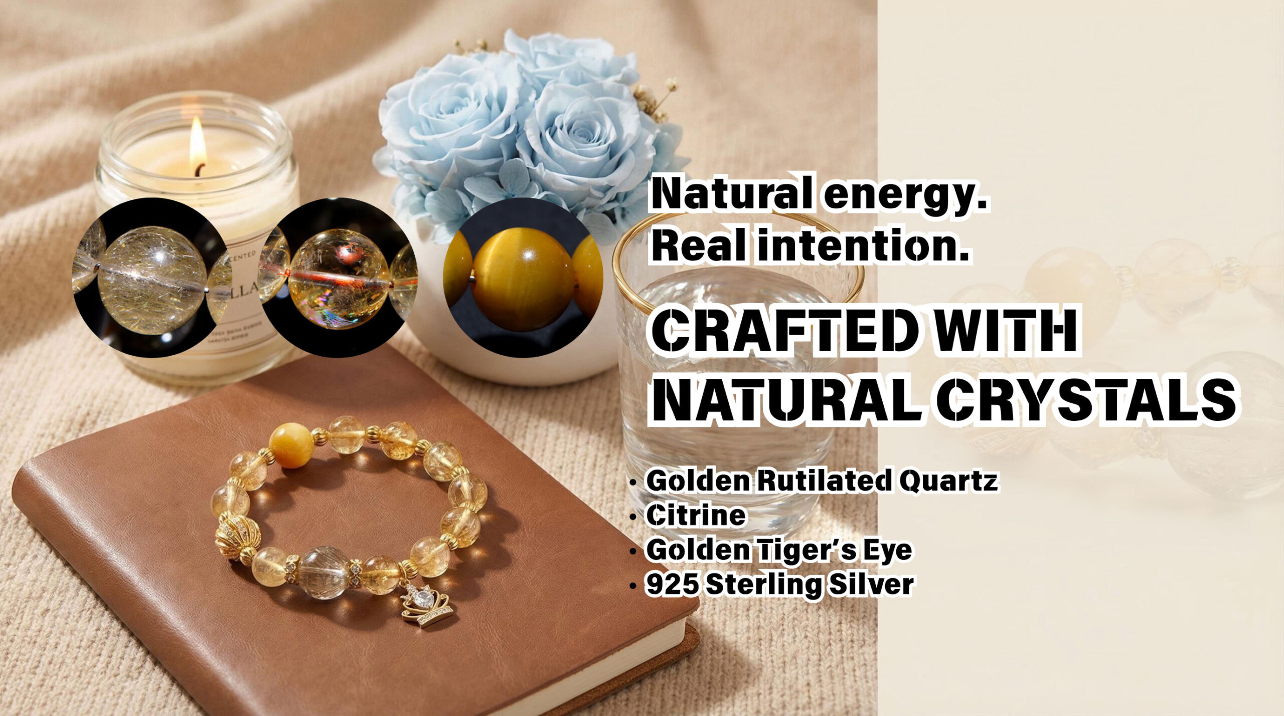 Close-up of golden rutilated quartz, citrine, and tiger’s eye beads showing natural crystal texture and quality