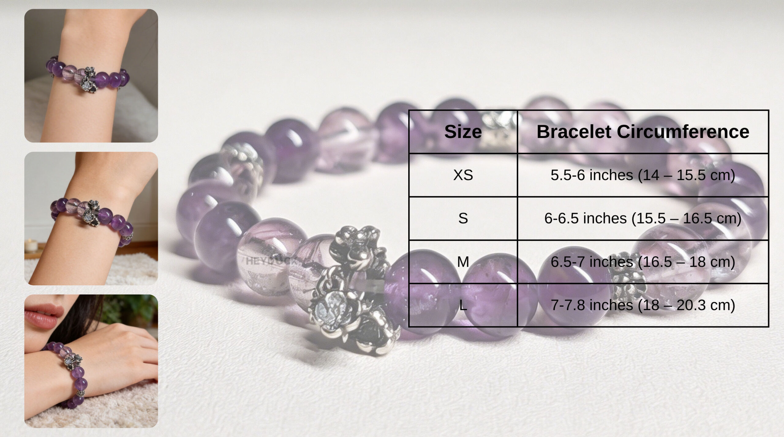 Amethyst bracelet size chart showing XS S M and L options for accurate wrist fit and sizing reference