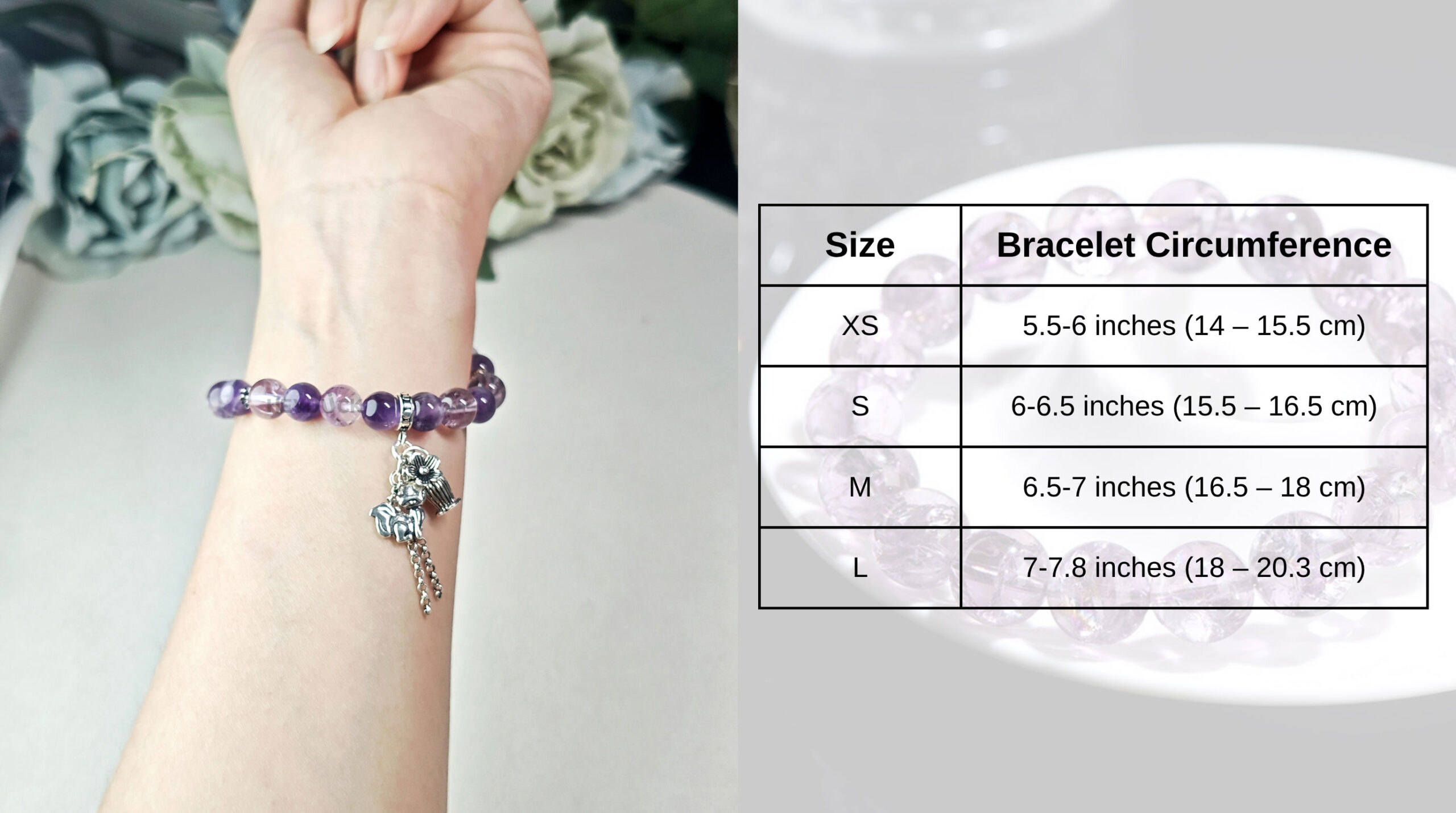 Amethyst bracelet size chart showing XS, S, M, and L fit options for accurate wrist sizing