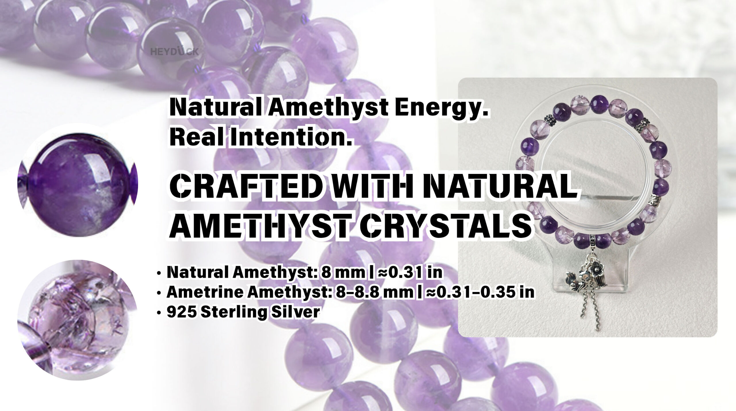 Close up of natural amethyst beads showing clarity and calming purple tones