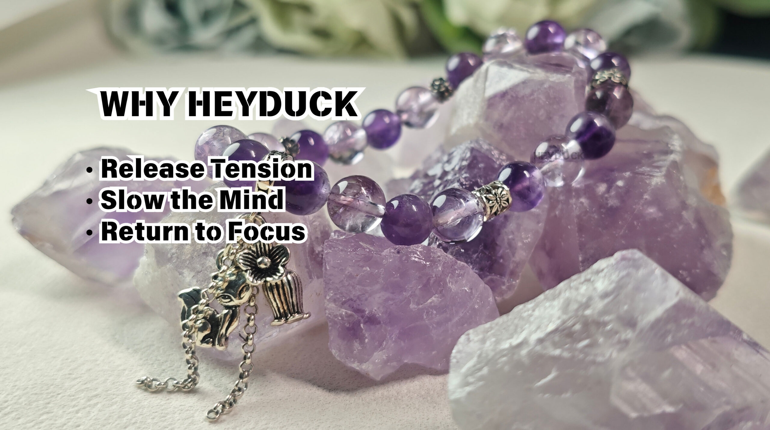 Amethyst crystal bracelet placed in a calm setting symbolizing stress relief and mental clarity