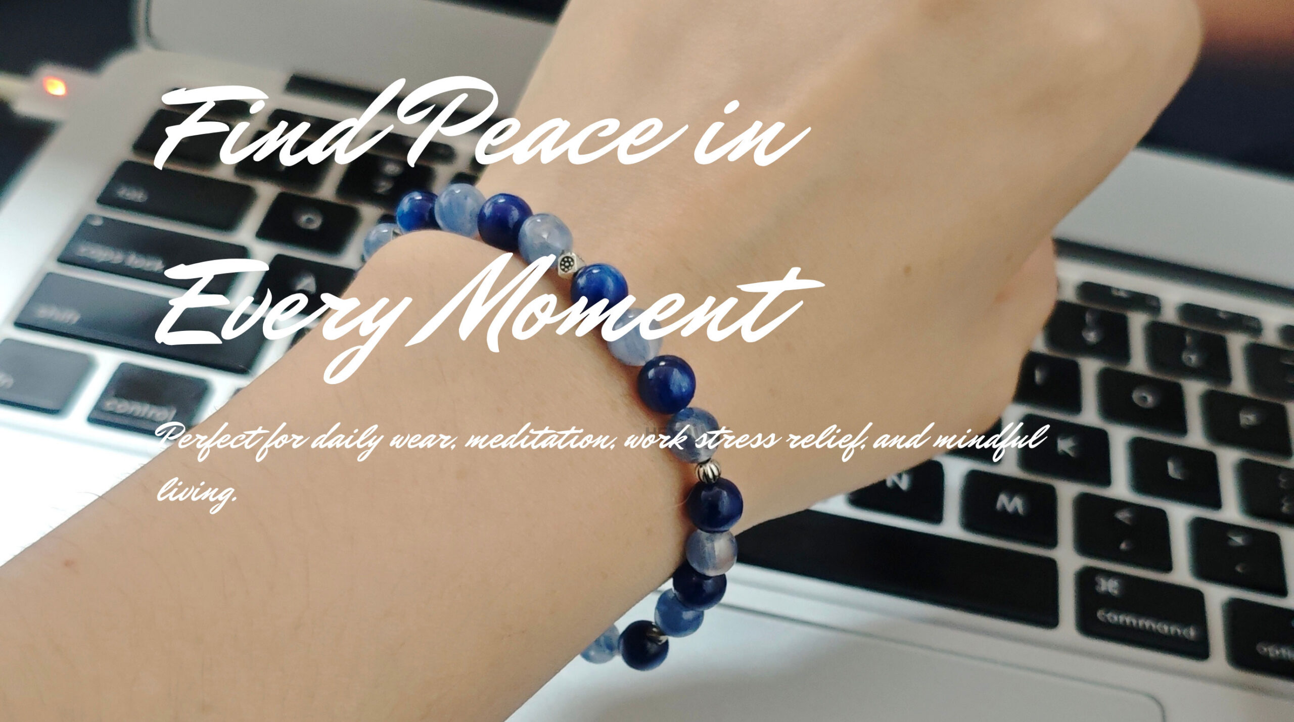 Woman wearing blue kyanite bracelet for stress reduction mindfulness and peaceful daily wear