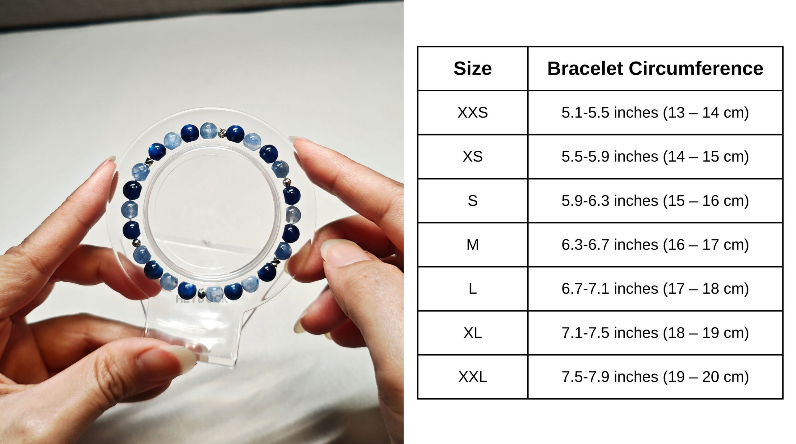 Blue kyanite bracelet size guide showing natural gemstone bead size and bracelet measurements