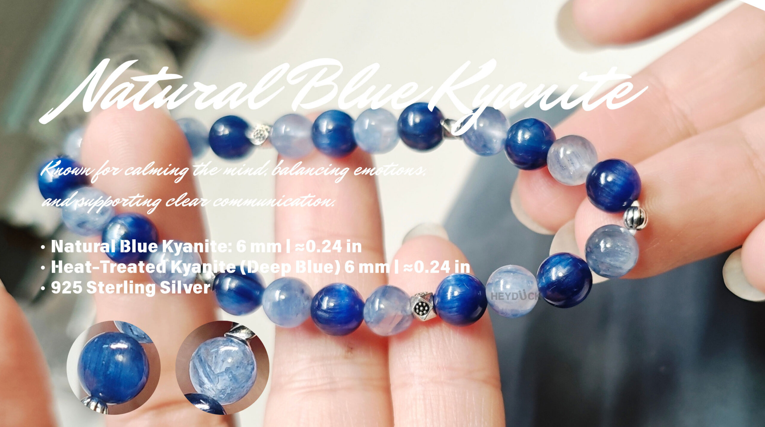 Close-up details of handmade natural blue kyanite bracelet with sterling silver accents