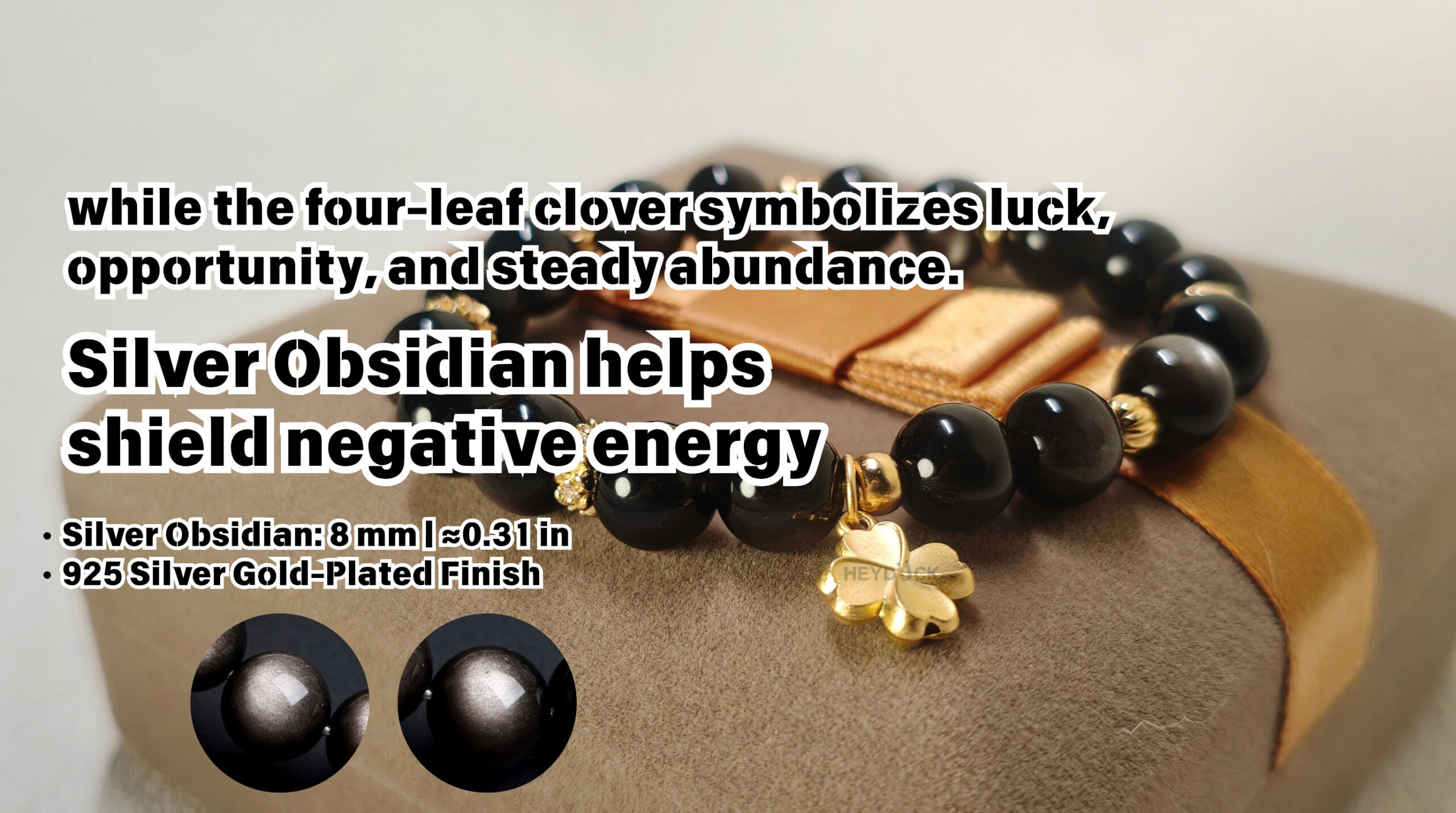 Silver Obsidian four-leaf clover bracelet for clearing negativity and attracting opportunity and wealth