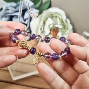 Amethyst and azeztulite lucky clover bracelet designed for calm, spiritual clarity, and gentle good fortune.