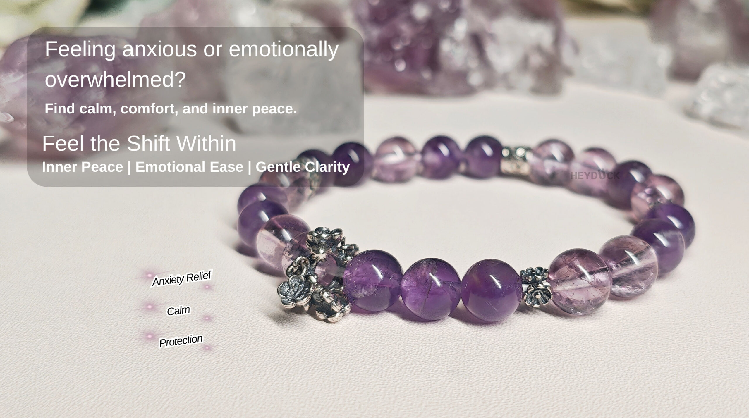 Natural amethyst bracelet designed to ease anxiety, bring emotional comfort, and inspire inner peace and gentle clarity.