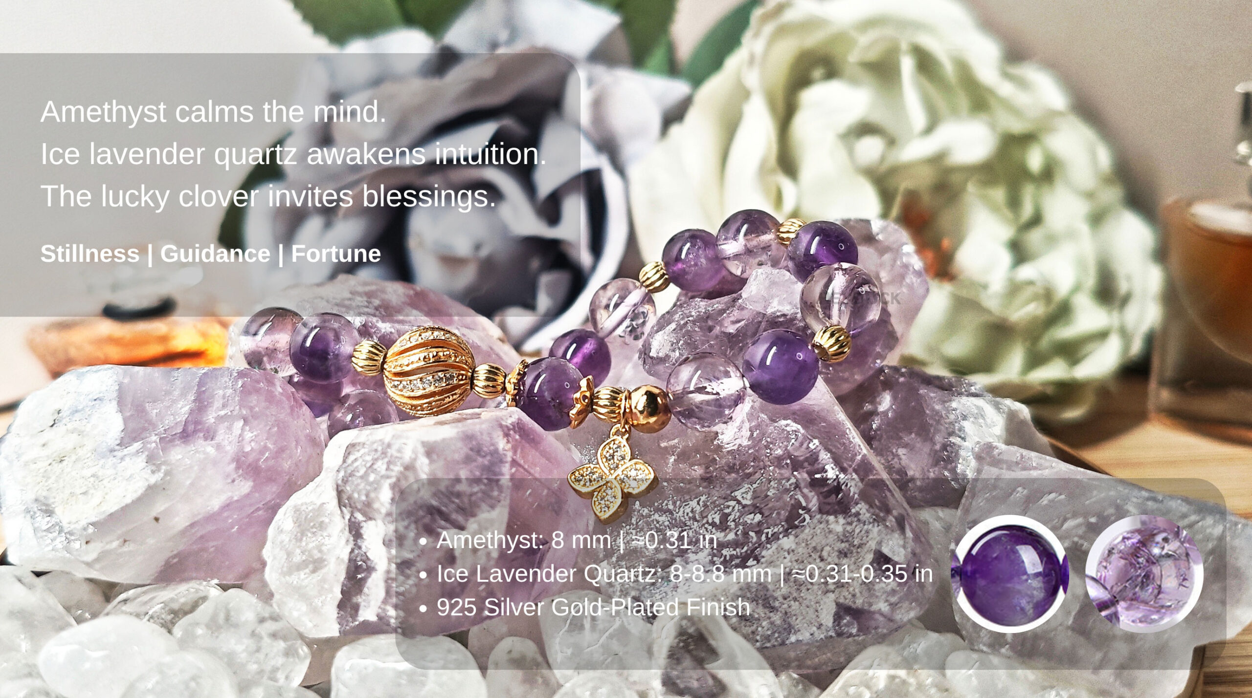 Natural amethyst and ice lavender quartz bracelet featuring a lucky clover charm for stillness, intuition, and blessings.