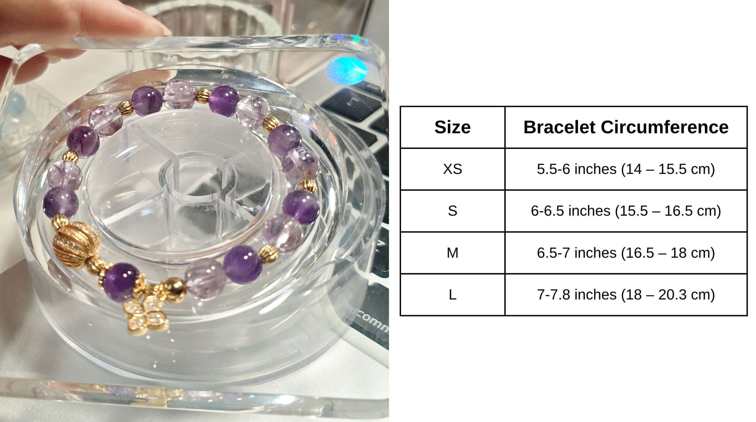 Size guide showing XS, S, M, and L options for the amethyst lucky clover bracelet.