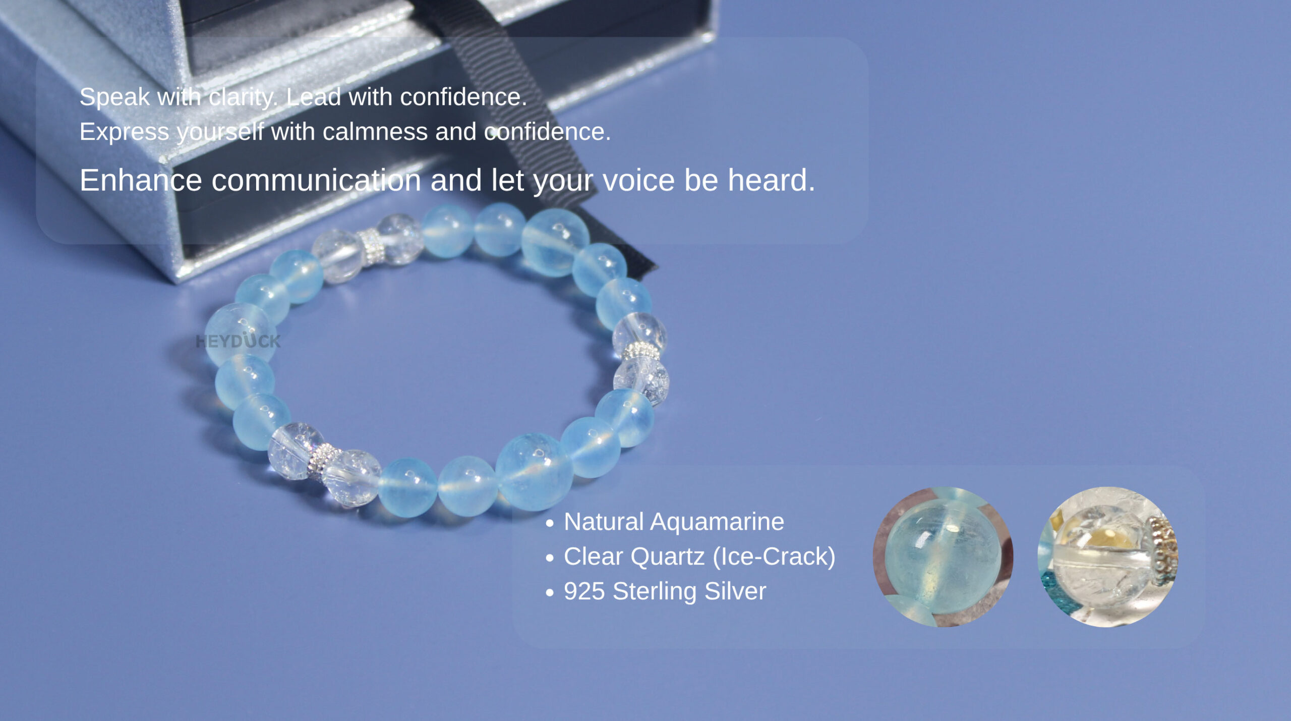 Natural aquamarine bracelet with clear quartz and sterling silver accents to support clear communication, confidence, and emotional balance.
