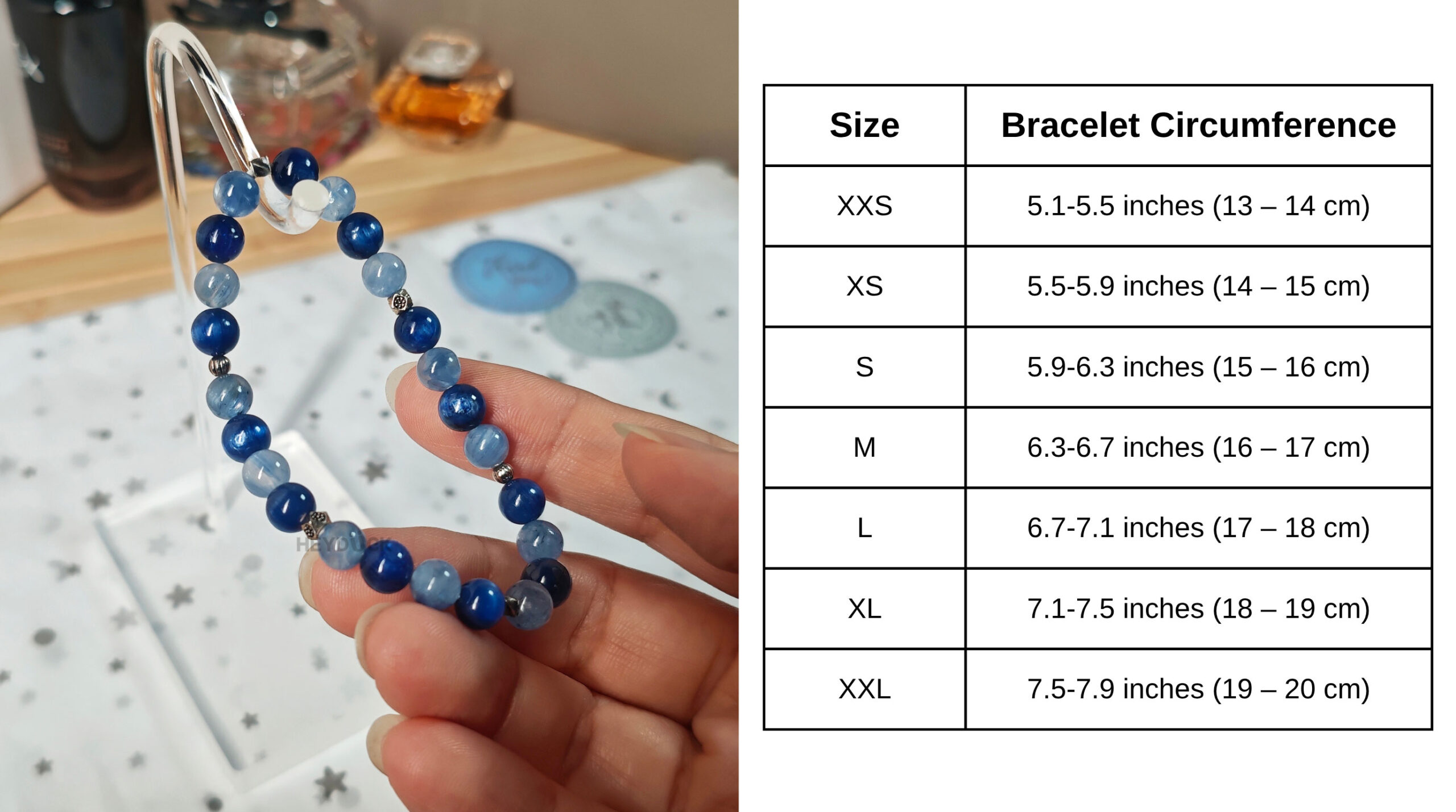 Blue kyanite bracelet size guide showing 6 mm natural gemstone beads and bracelet measurements.