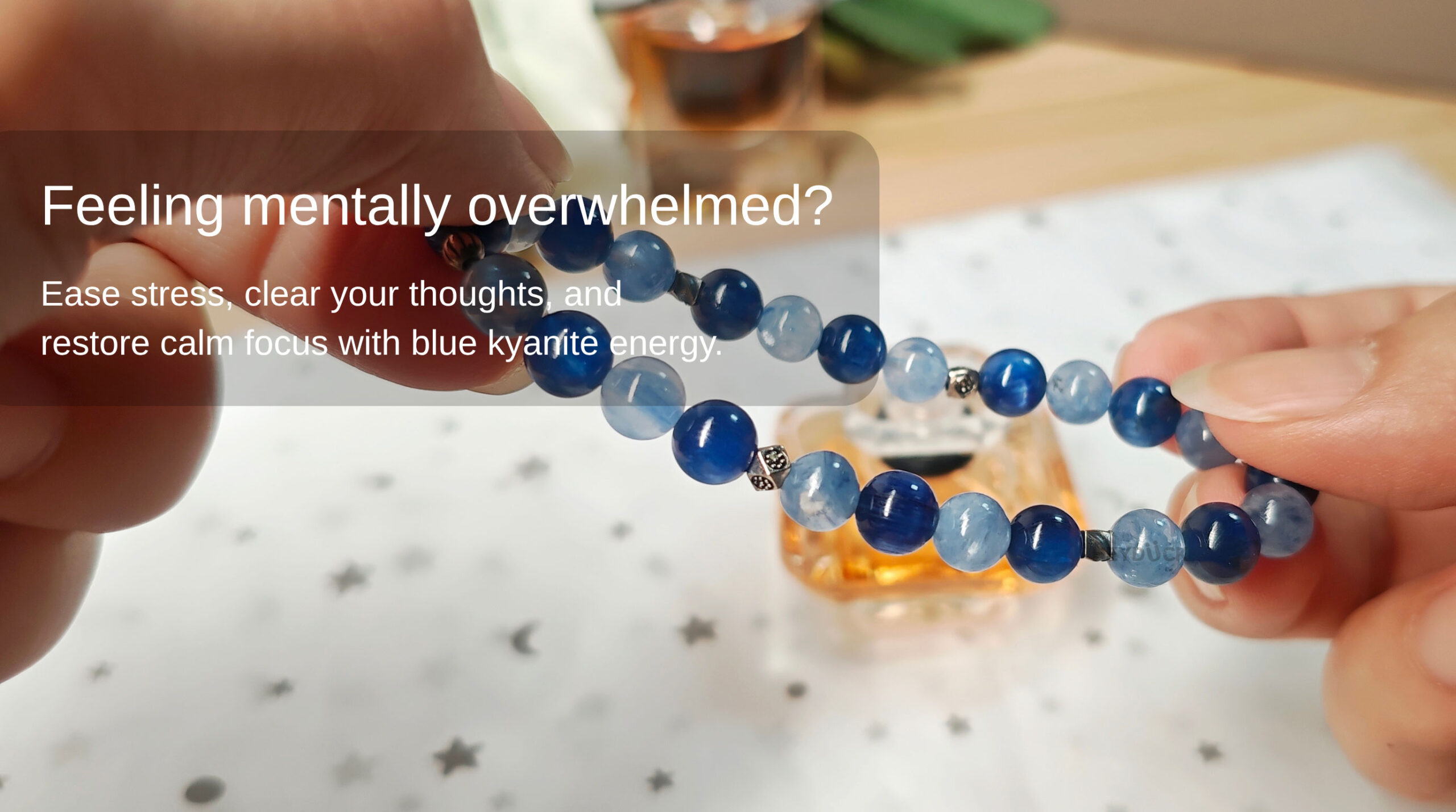 Handmade blue kyanite bracelet for stress reduction, mental clarity, and calm focus.