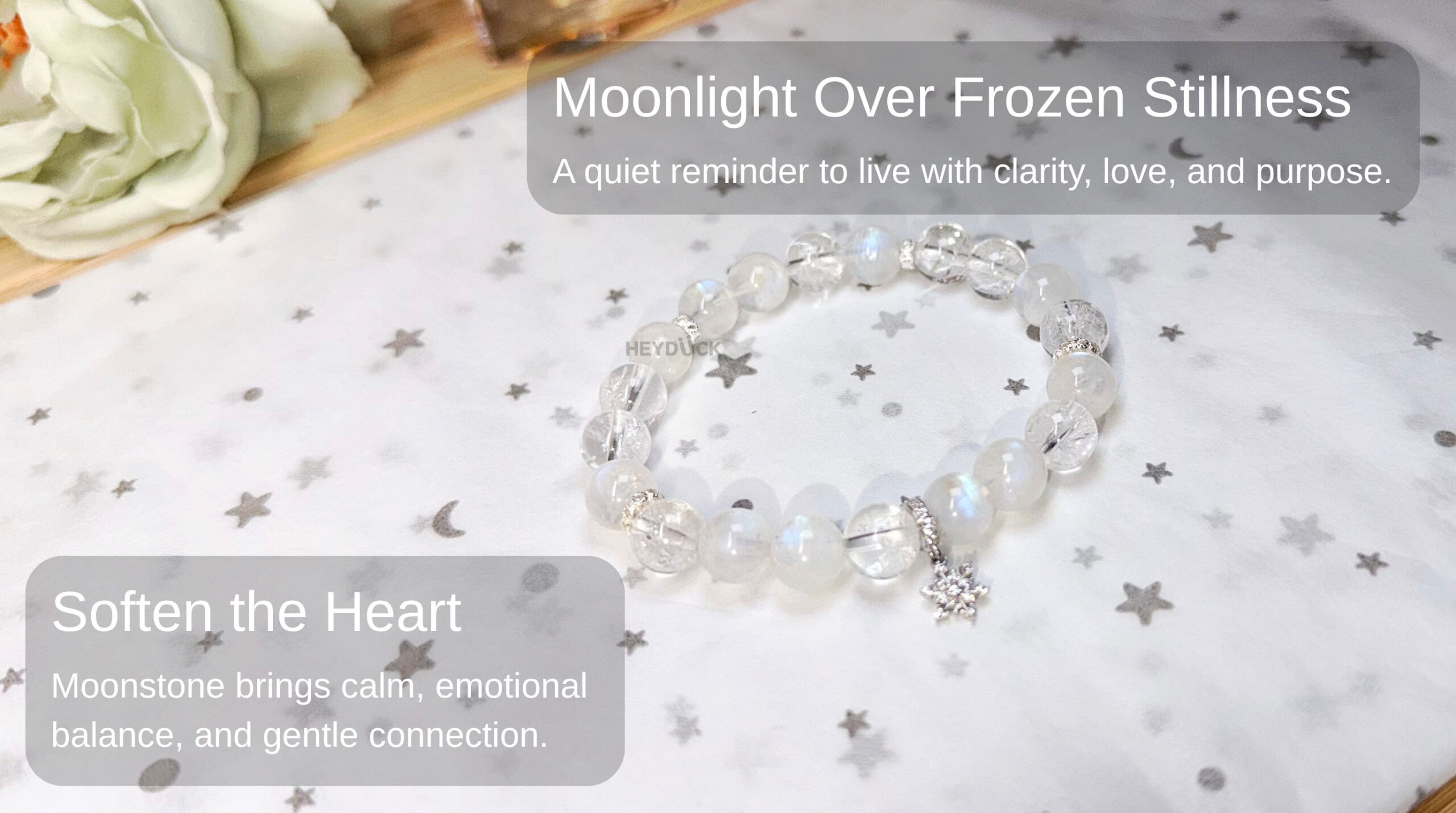 Blue Moonstone and Clear Quartz bracelet concept featuring Moonlight Over Frozen Stillness theme for clarity, emotional balance, and gentle purpose.