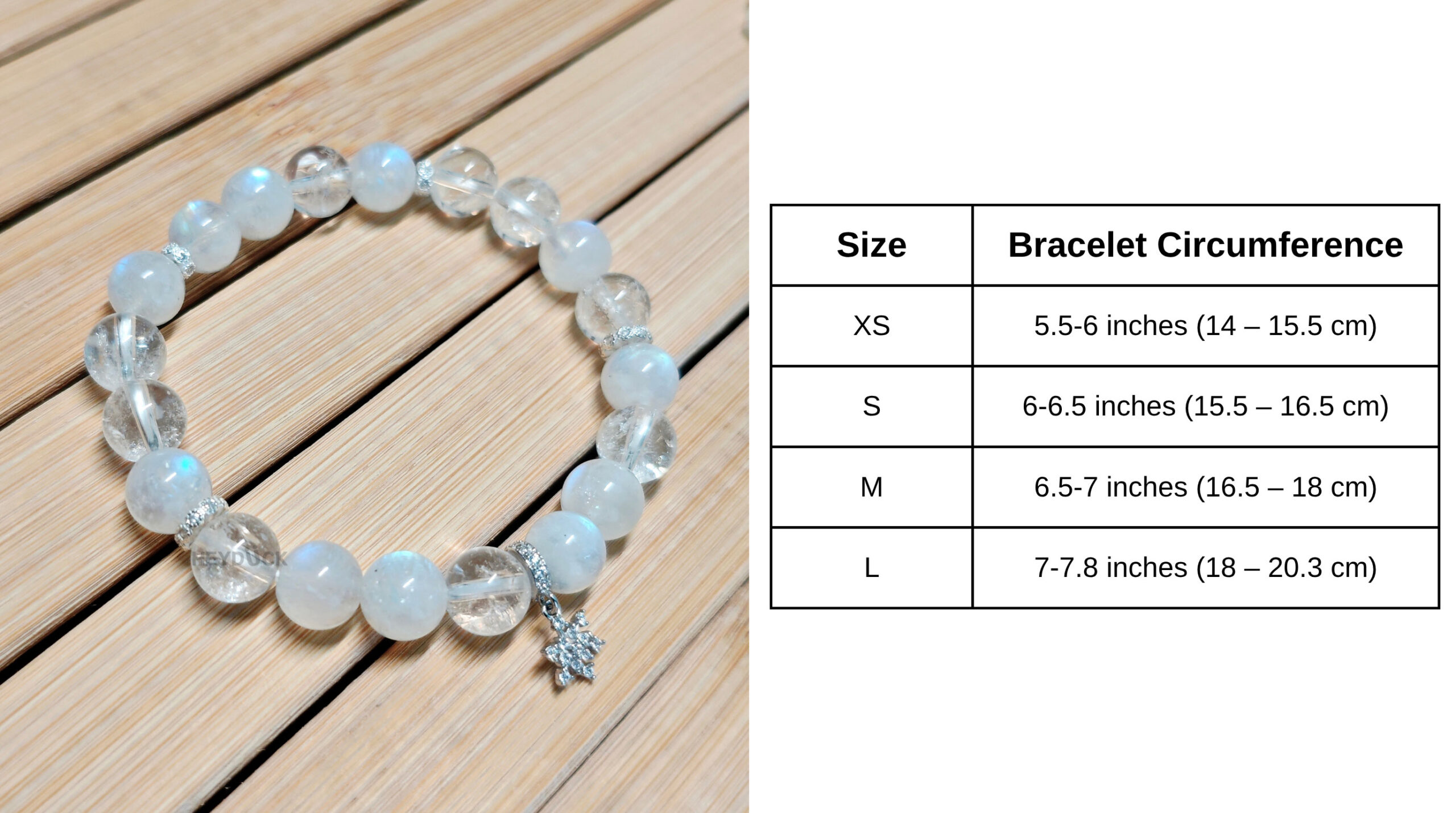 Size guide showing XS, S, M, and L options for Blue Moonstone and Clear Quartz Snowflake Charm Bracelet.