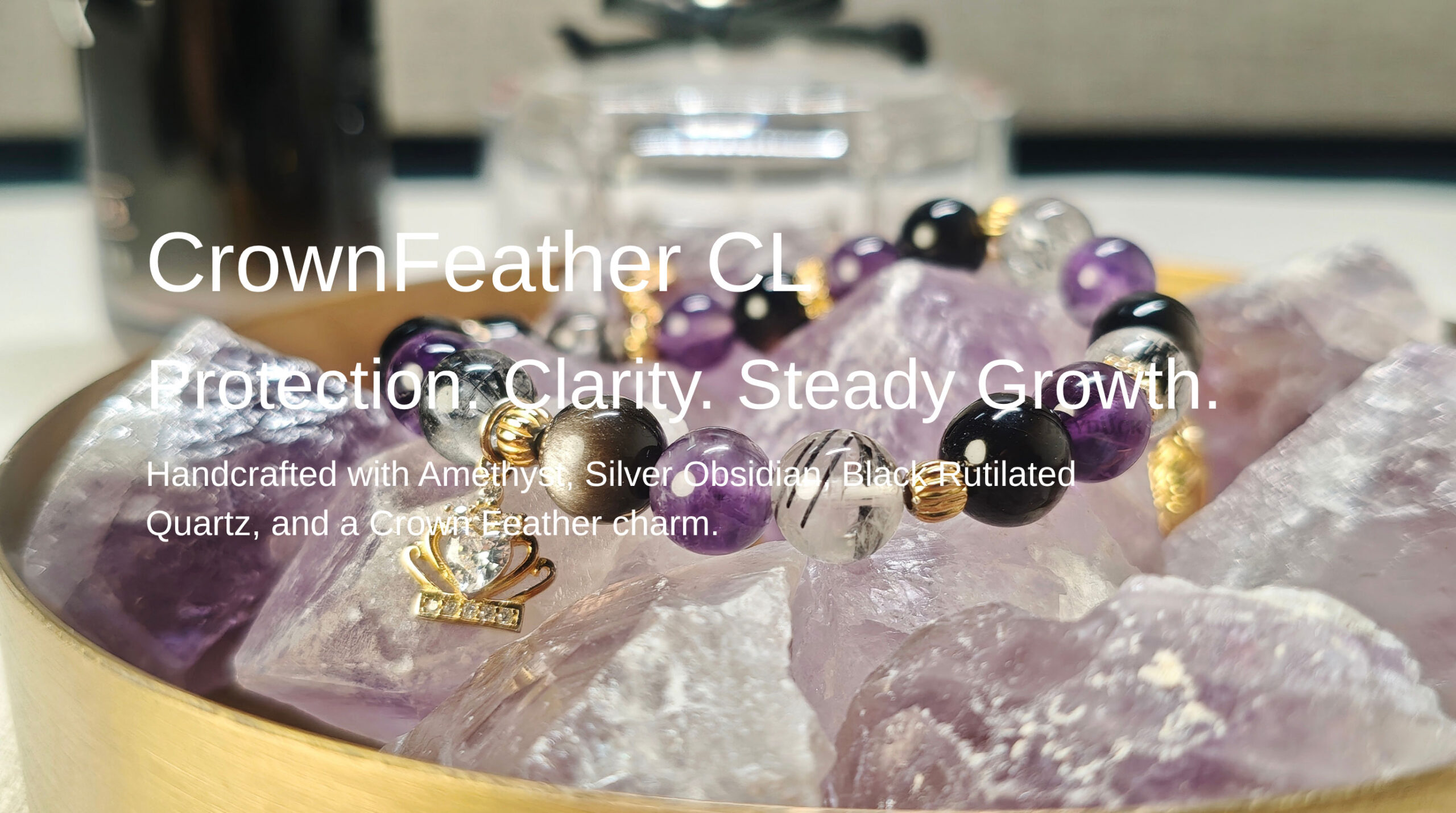 Handcrafted Crown Feather Guardian Bracelet with Amethyst, Silver Obsidian, Black Rutilated Quartz, and a Crown Feather charm