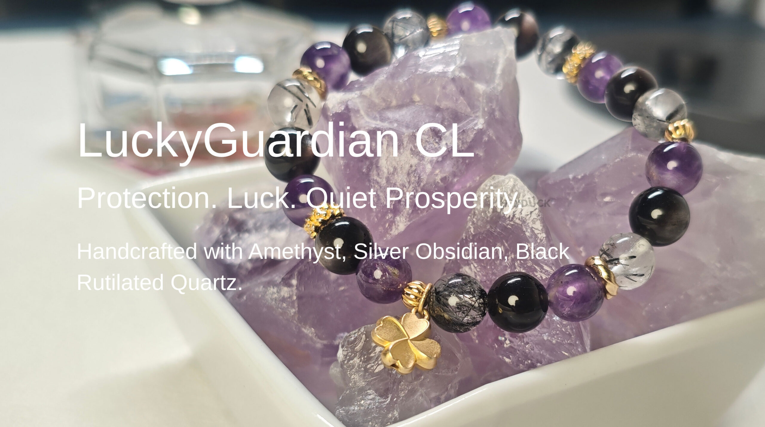 Handcrafted four-leaf clover protection bracelet with Amethyst, Silver Obsidian, and Black Rutilated Quartz