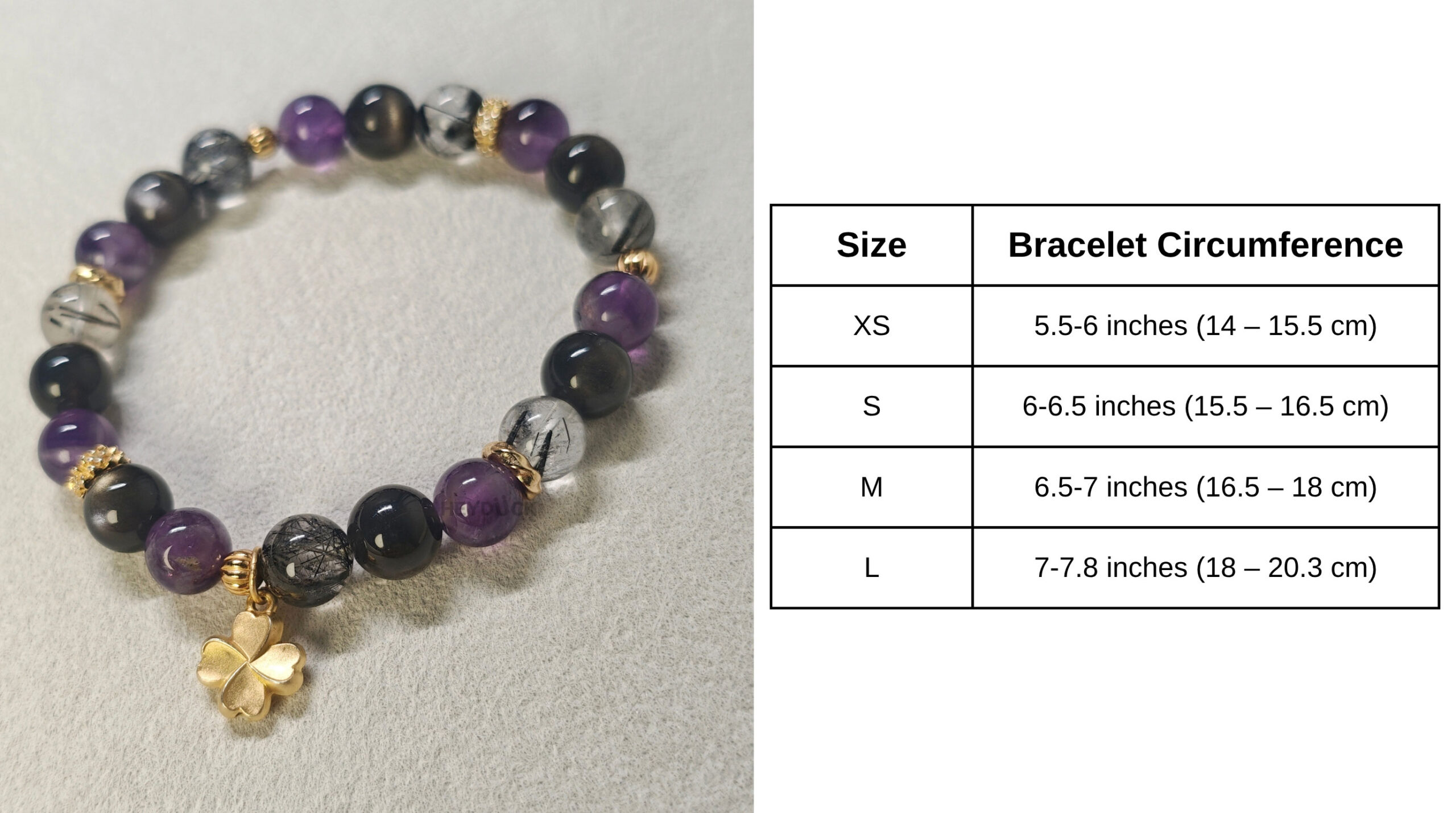 Size guide for the handcrafted four-leaf clover protection bracelet