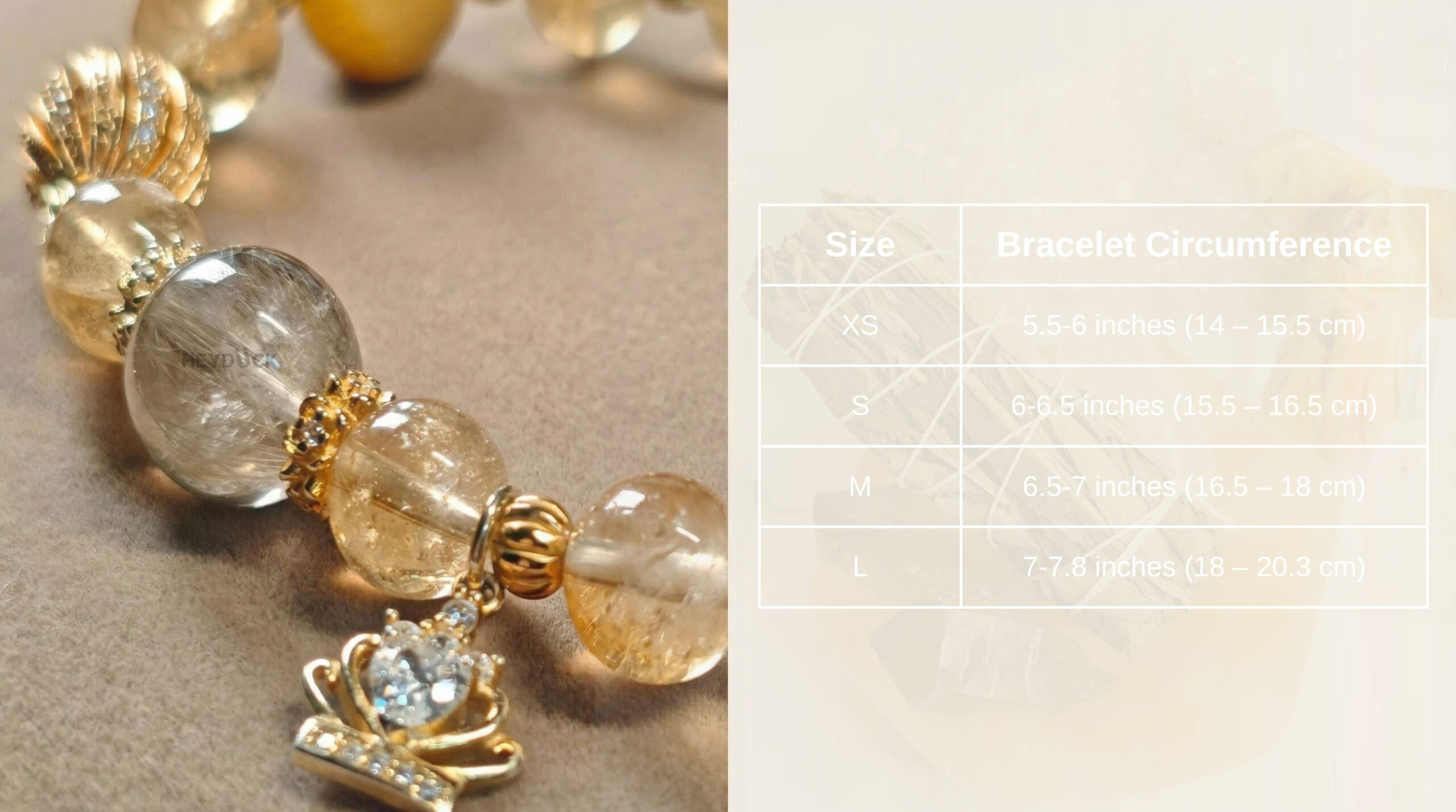 Size guide for the golden rutilated quartz wealth bracelet showing wrist measurements and bracelet sizes.