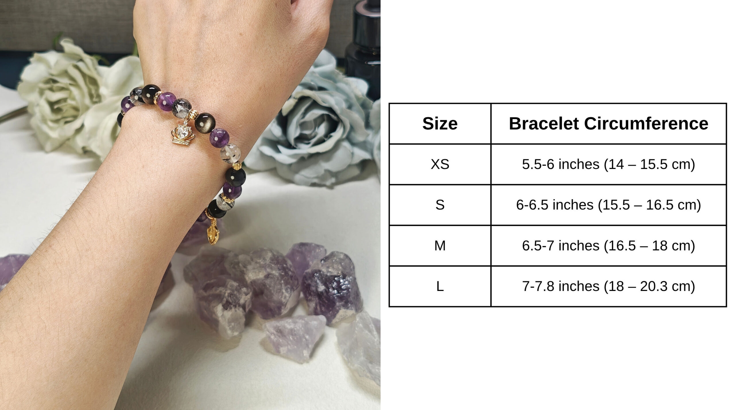 Handmade Crown Feather Guardian Bracelet crafted with natural Amethyst, Silver Obsidian, and Black Rutilated Quartz
