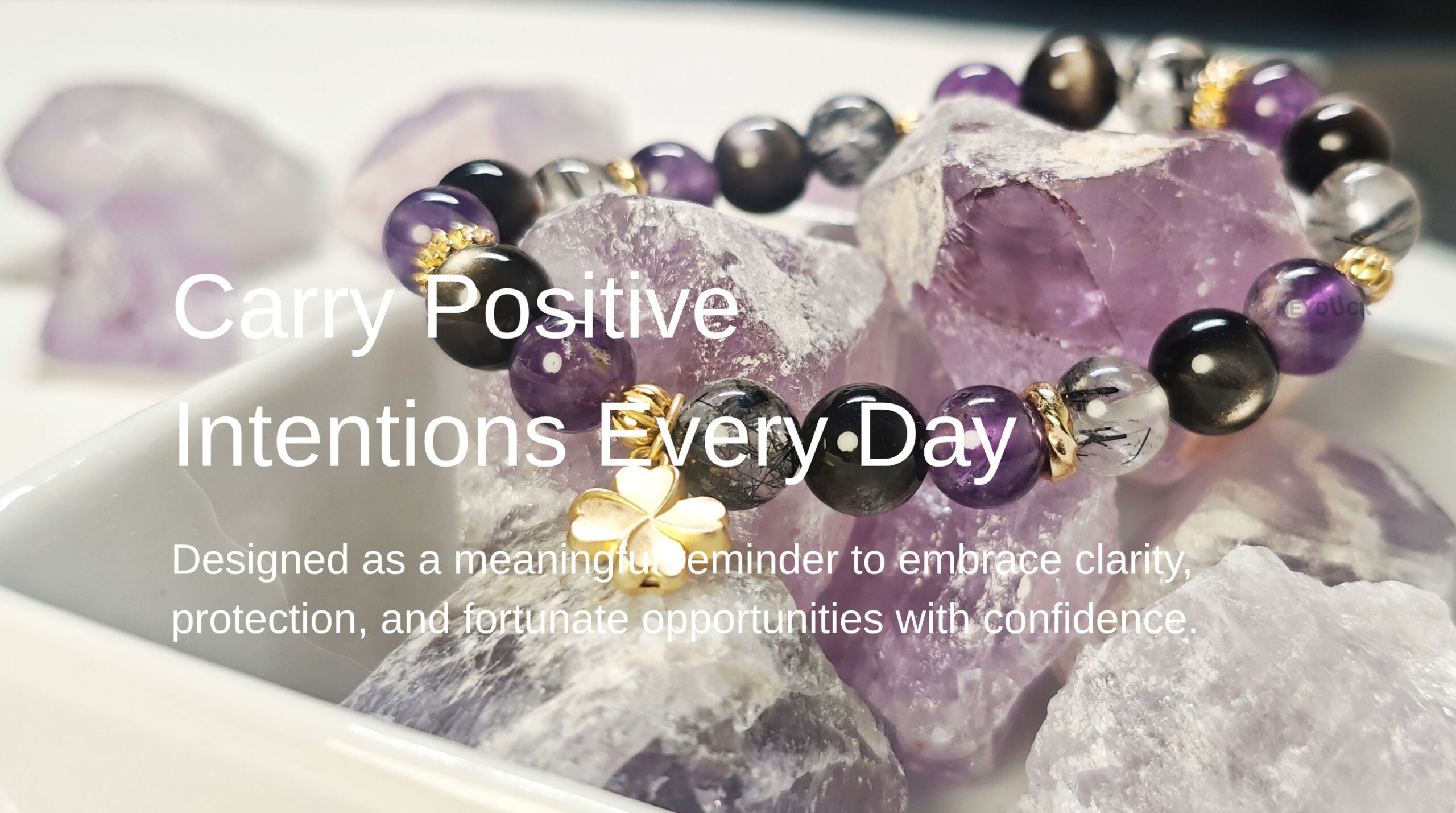 Handmade four-leaf clover protection bracelet crafted with natural Amethyst, Silver Obsidian, and Black Rutilated Quartz