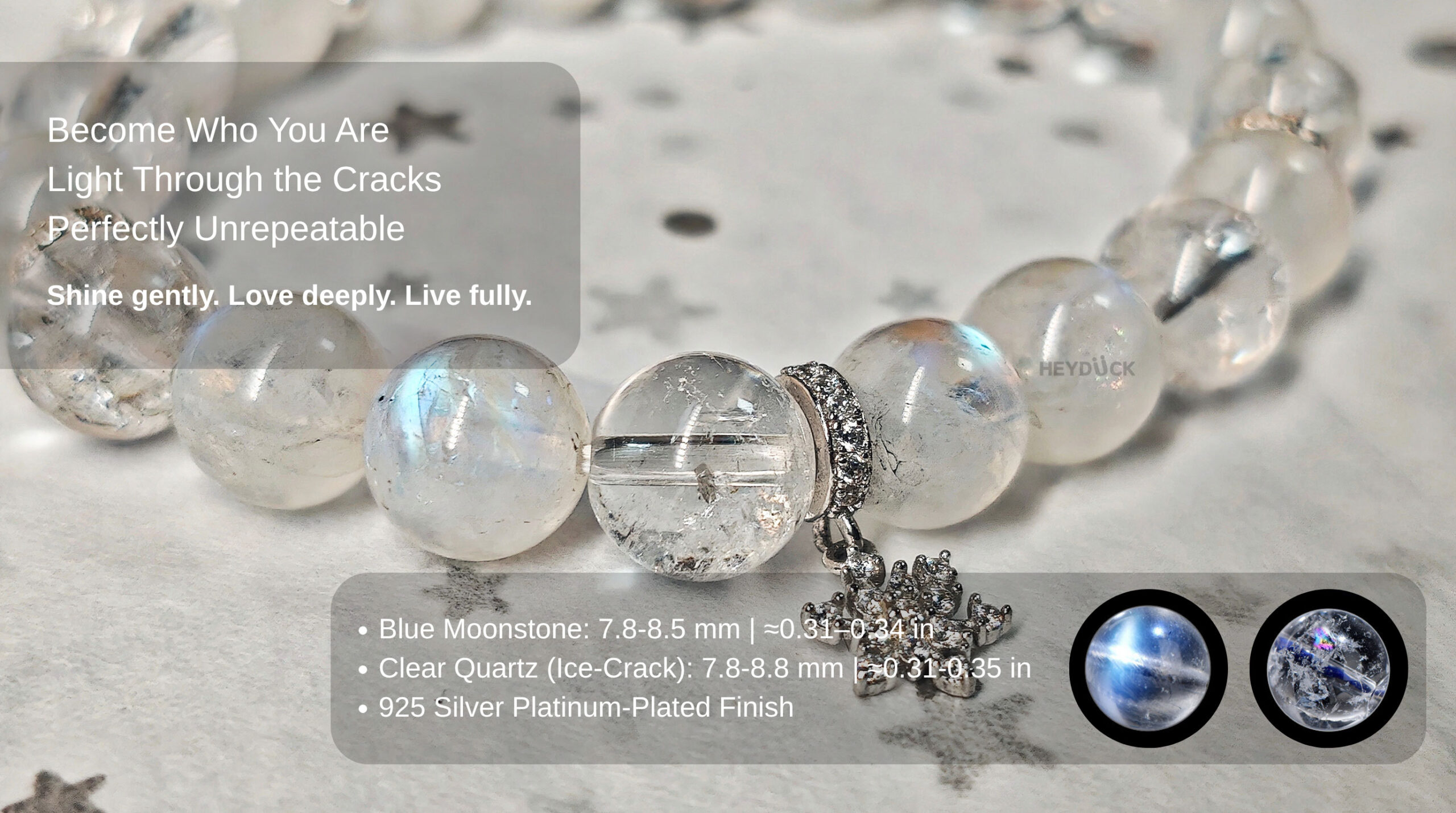 Blue Moonstone and Ice-Crack Clear Quartz bracelet message featuring Light Through the Cracks and Perfectly Unrepeatable design philosophy.