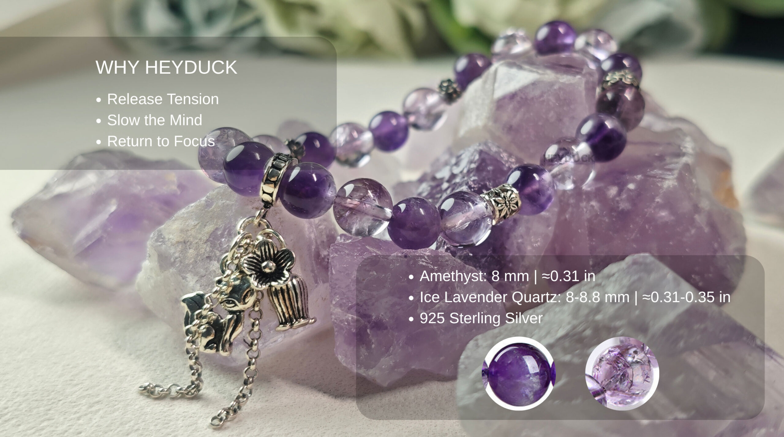Handcrafted natural amethyst bracelet that helps release tension, calm the mind, and improve focus.