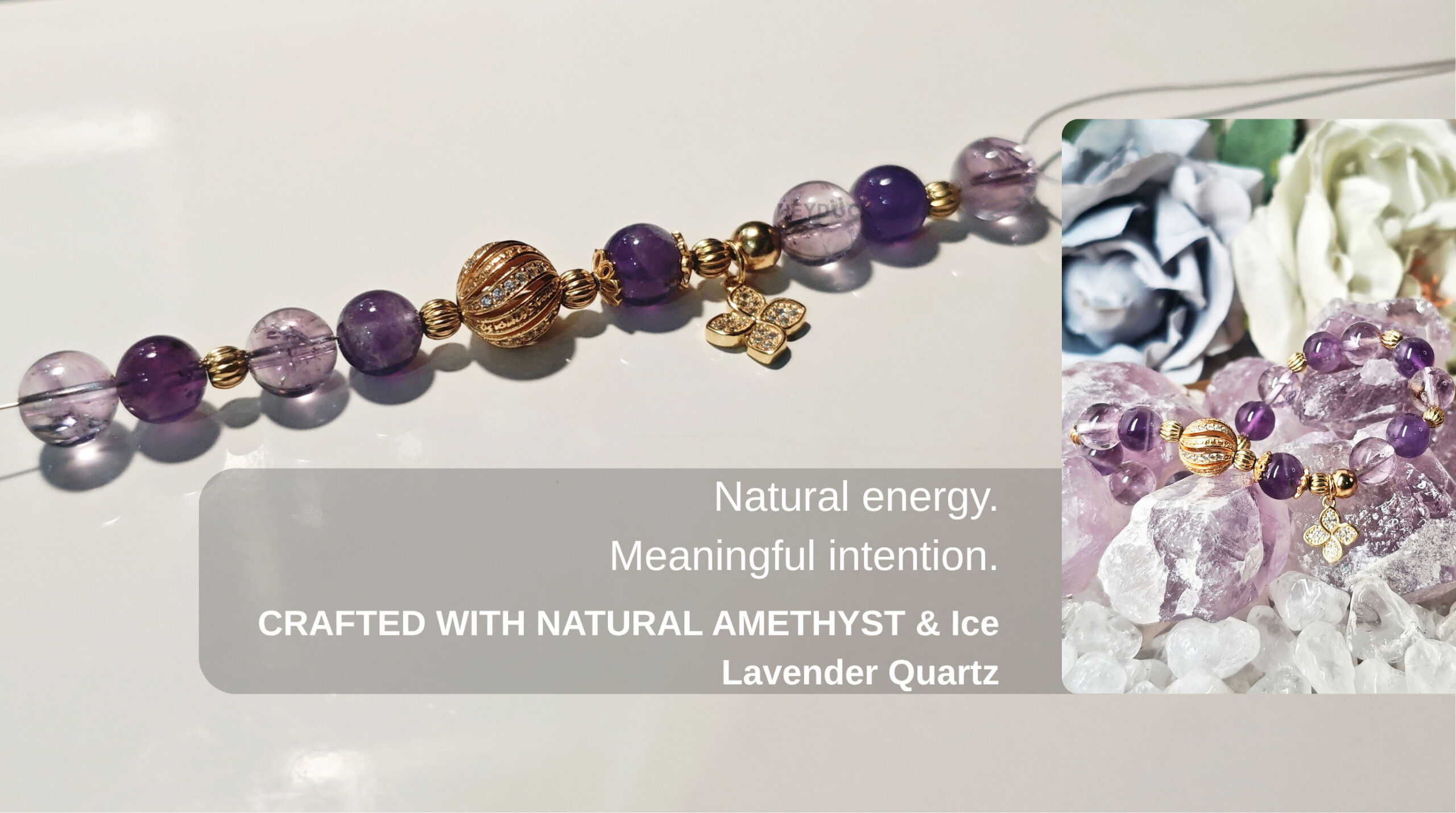 Handcrafted crystal bracelet made with natural amethyst and ice lavender quartz, created with meaningful intention and natural energy.