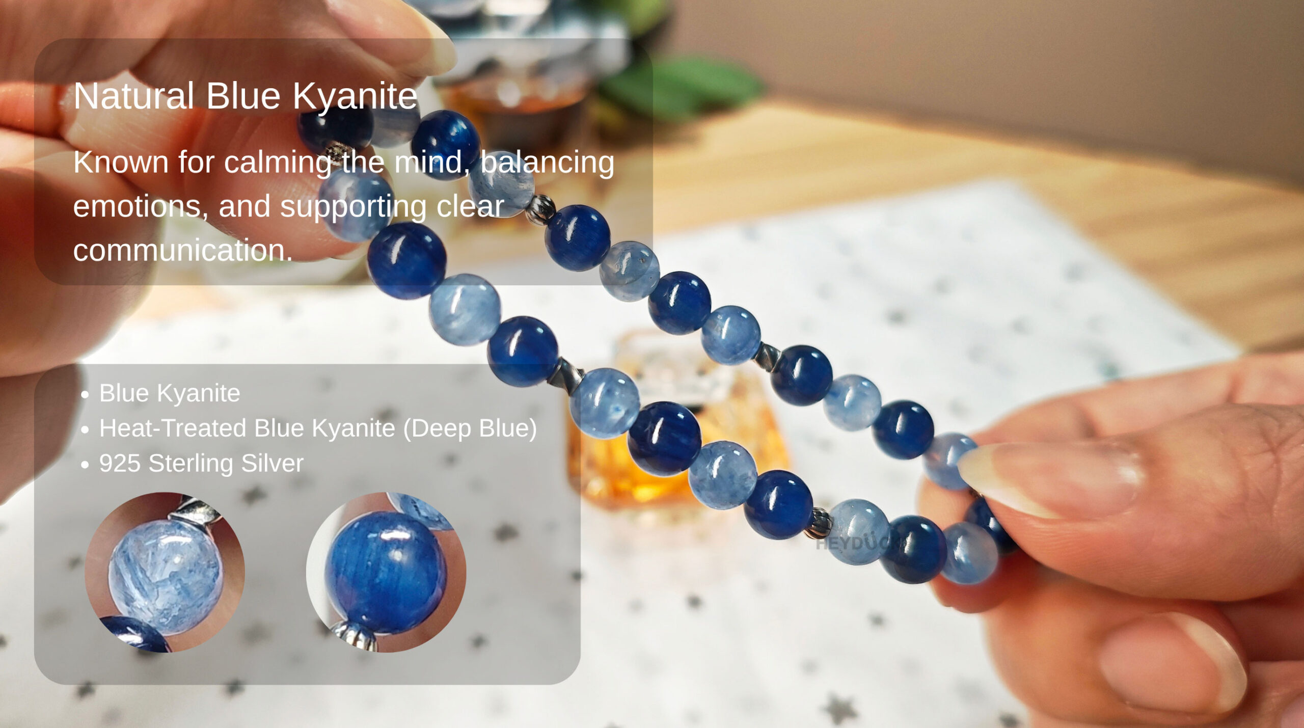 Natural blue kyanite bracelet known for calming the mind, balancing emotions, and supporting clear communication.