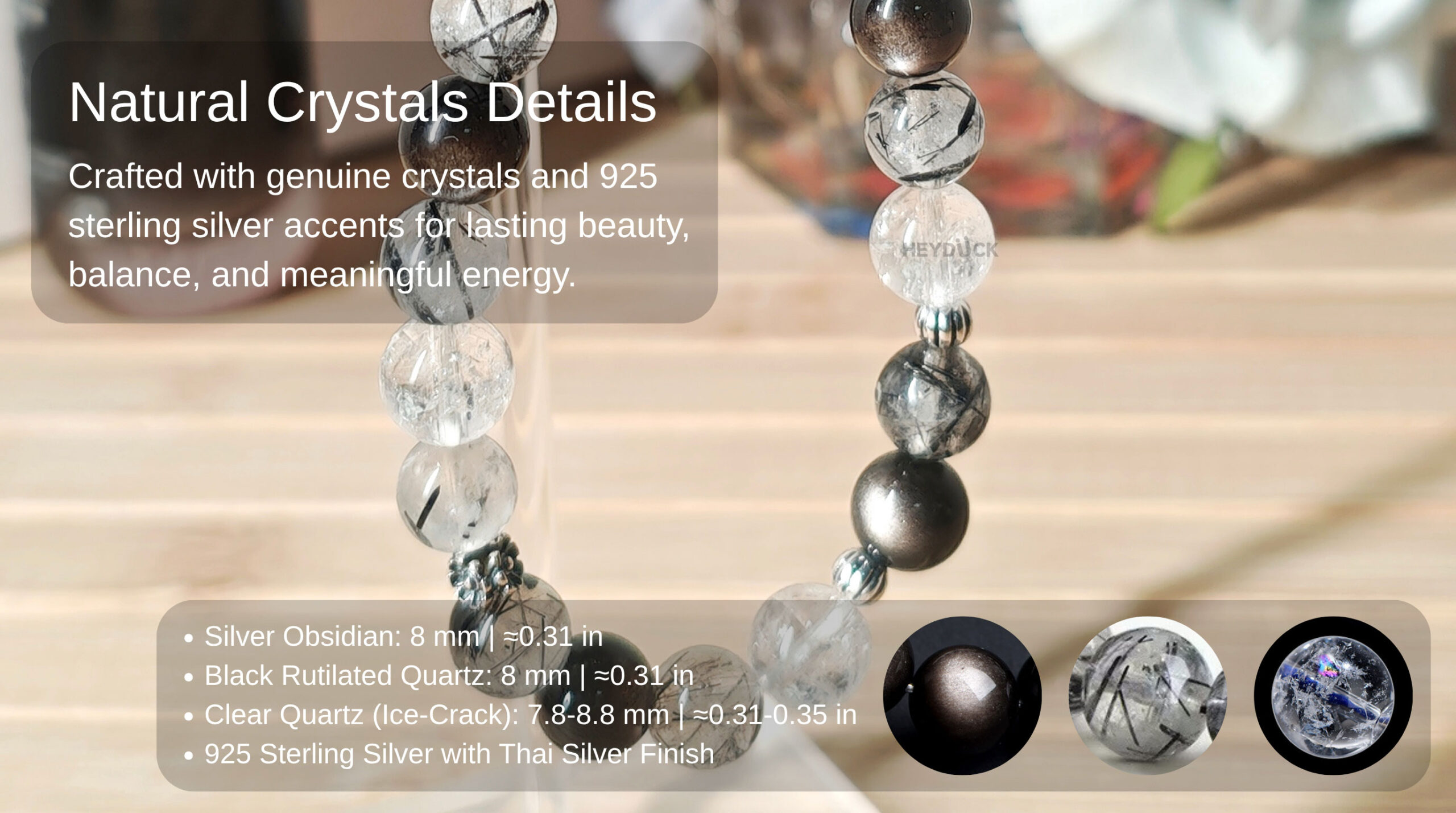 Close-up of natural Silver Obsidian, Black Rutilated Quartz, Ace Clear Quartz, and 925 sterling silver accents