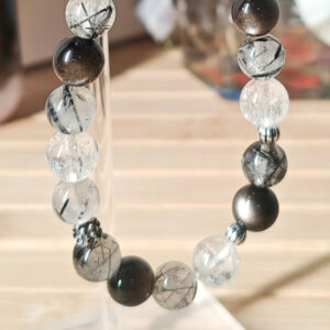 Close-up of natural Silver Obsidian, Black Rutilated Quartz, Ace Clear Quartz, and 925 sterling silver details