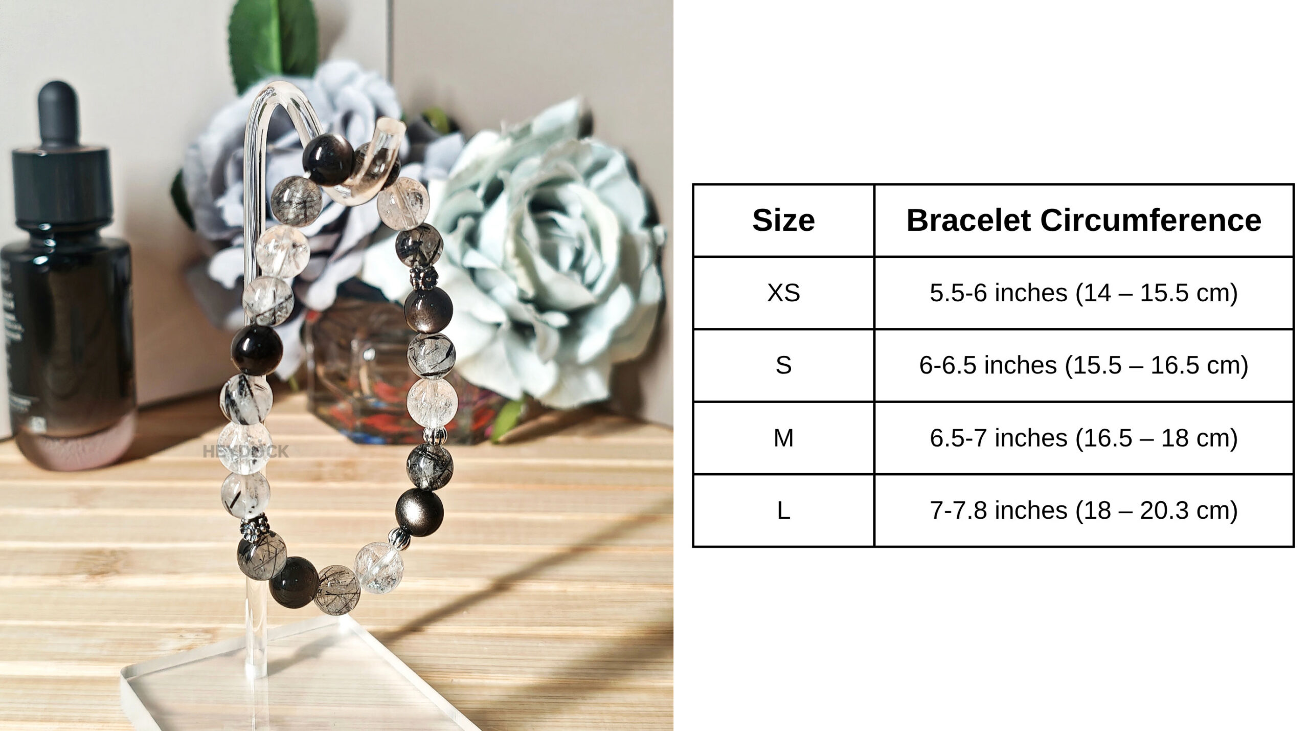 Size guide for the Silver Obsidian Wealth Shield Bracelet with an elastic stretch cord and comfortable fit
