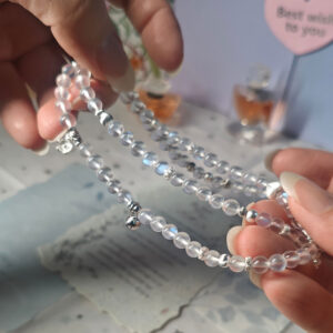 Natural Blue Moonstone triple wrap bracelet with genuine 925 sterling silver beads, designed for intuitive style and mindful everyday wear.