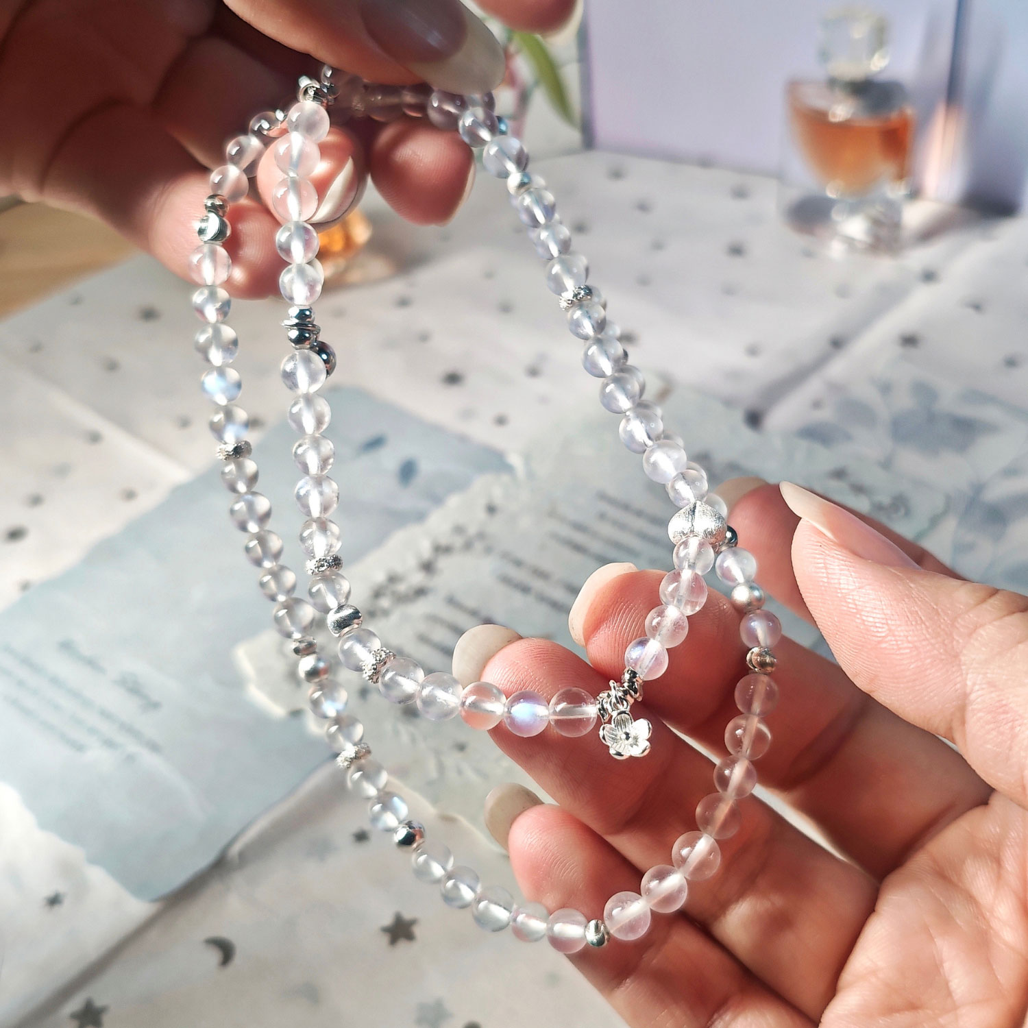 Blue Moonstone Wrap Bracelet handcrafted with genuine 925 sterling silver, featuring a graceful triple wrap design for everyday elegance.