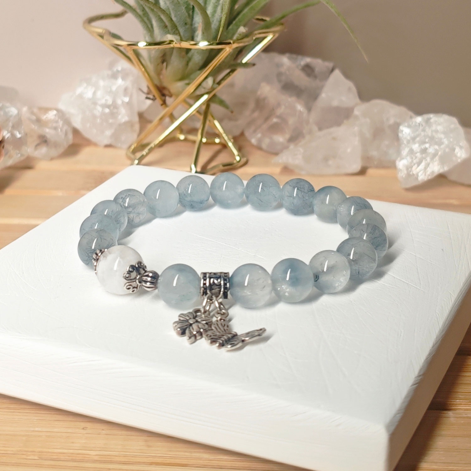 Handmade Blue Rutilated Quartz Career Bracelet with White Phantom Quartz and sterling silver accents for focus and career growth.