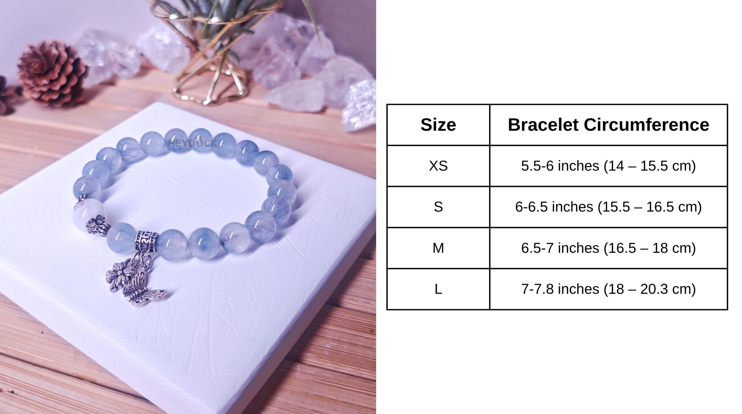 Size guide for the Blue Rutilated Quartz Career Bracelet with bracelet circumference measurements for a comfortable everyday fit.