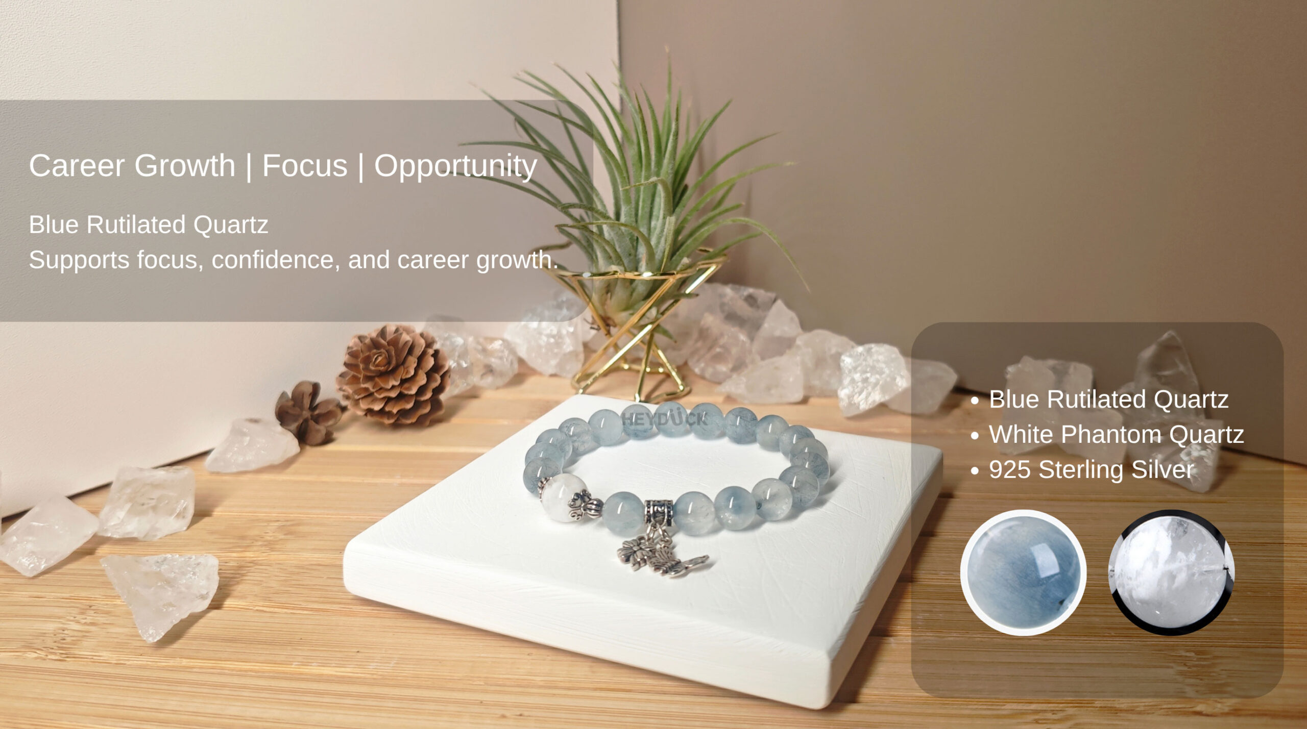 Blue Rutilated Quartz and White Phantom Quartz bracelet handcrafted with sterling silver to encourage focus, confidence, and new career opportunities.