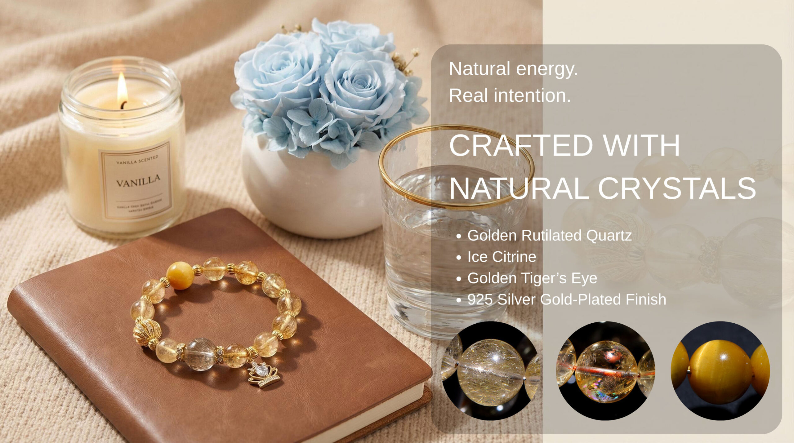Golden rutilated quartz wealth bracelet made with natural golden rutilated quartz, golden ice quartz, and golden tiger's eye.