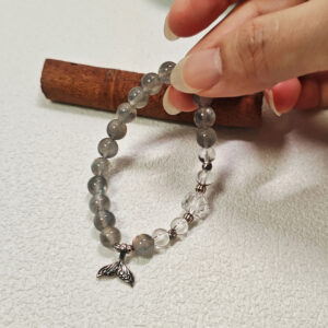 Gray Moonstone Tide Bracelet featuring clear quartz cube beads and a 925 sterling silver mermaid tail charm for aura cleansing, protection, and emotional calm